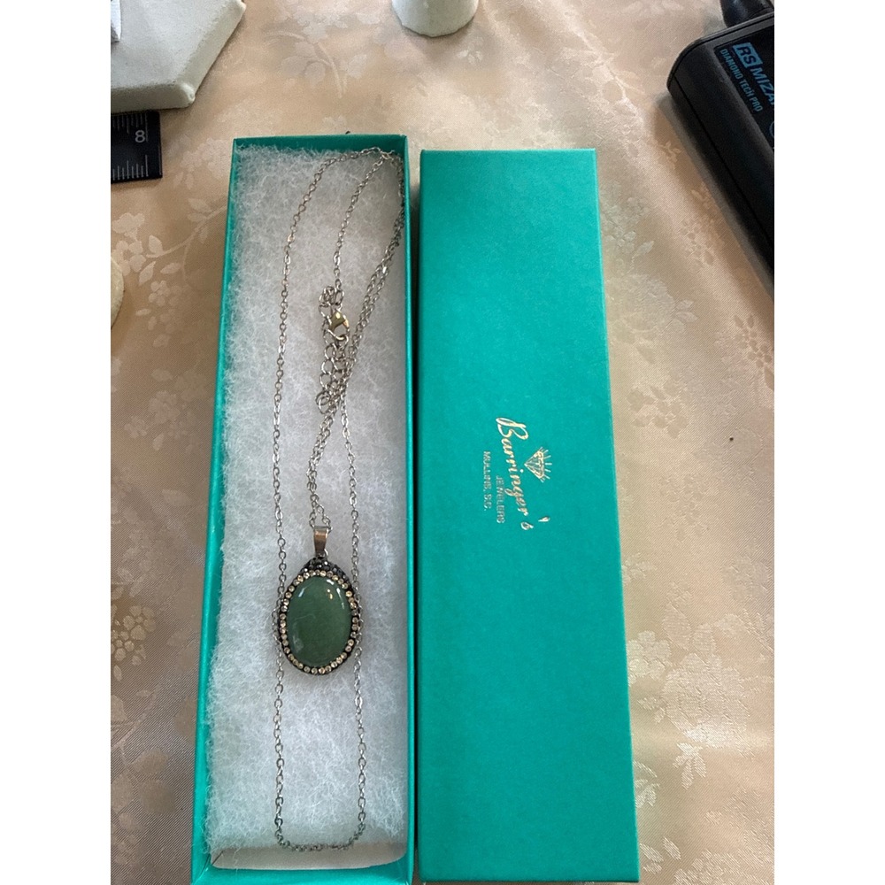 Barringer's Jewelers Silver Tone Green Oval Stone Rhinestone Halo Necklace 28"